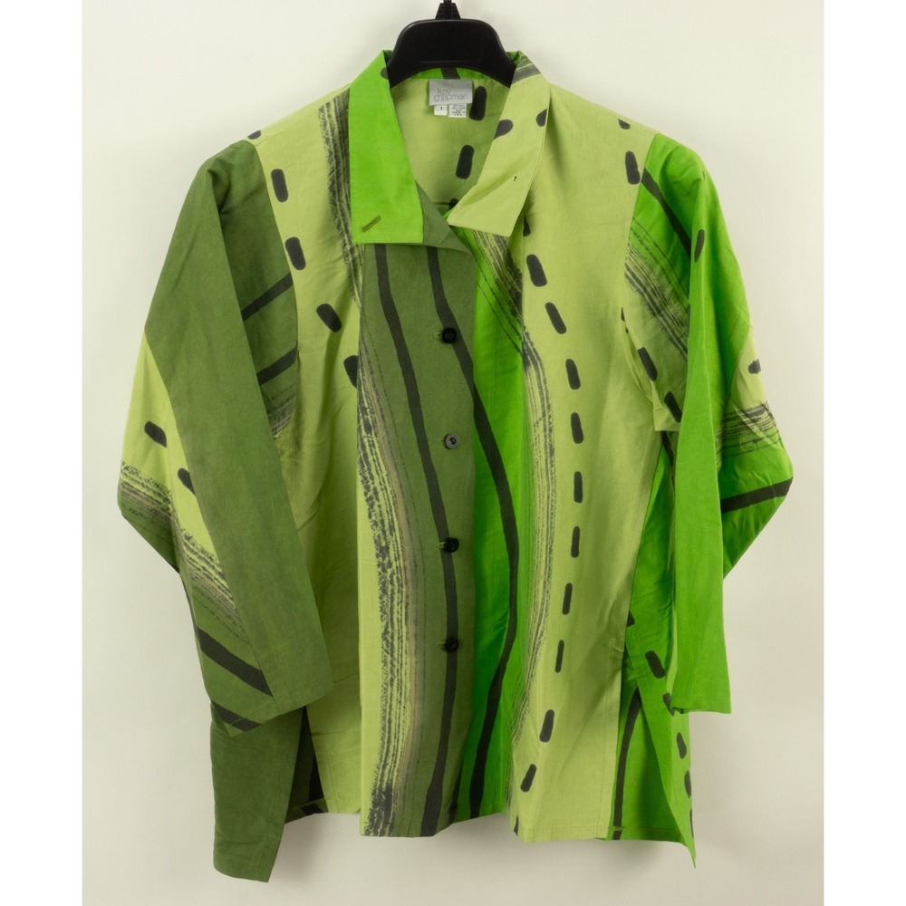 Kay Chapman Silk Collared Button Up Tunic Top Women's Size 1 Green Geometric